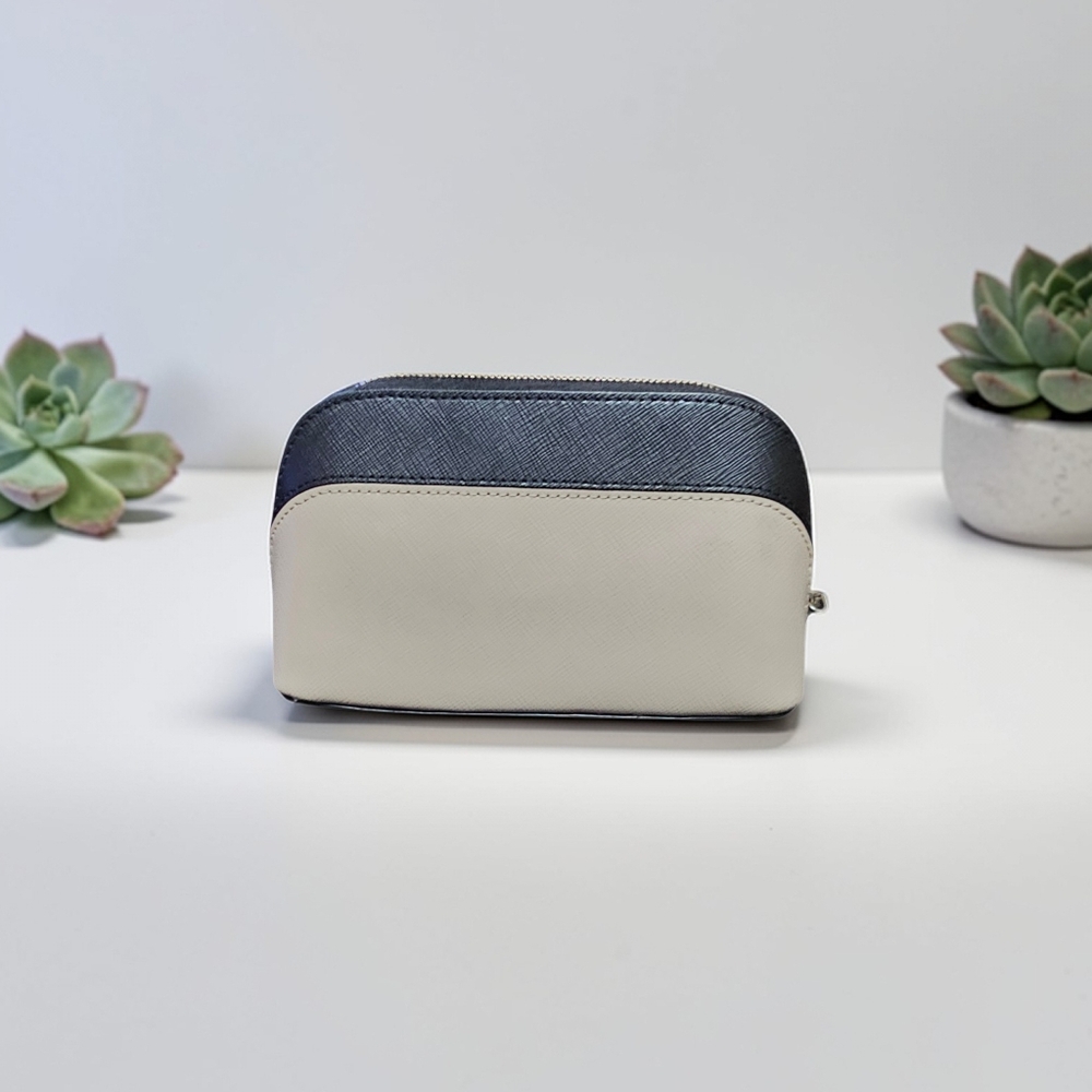 Kate Spade New York Staci Colorblock Cosmetic Case Crosshatch Leather Blk Beige - Picture 2 of 8